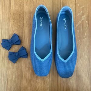 VIVAIA Blue Knit Square-Toe V-Cut Flats with Removable Bows Margot 2.0 us 9.5